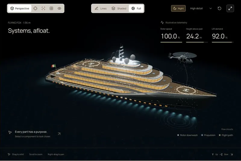 Interactive presentation of a yacht at night, with its decks lit