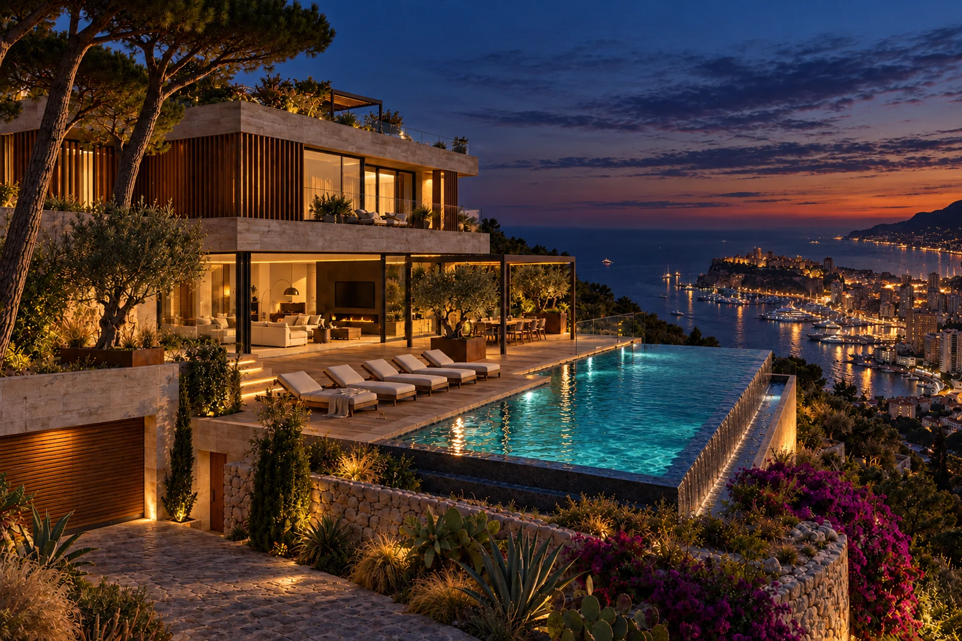 Contemporary villa with an infinity pool above the sea, at dusk. Illustrative render