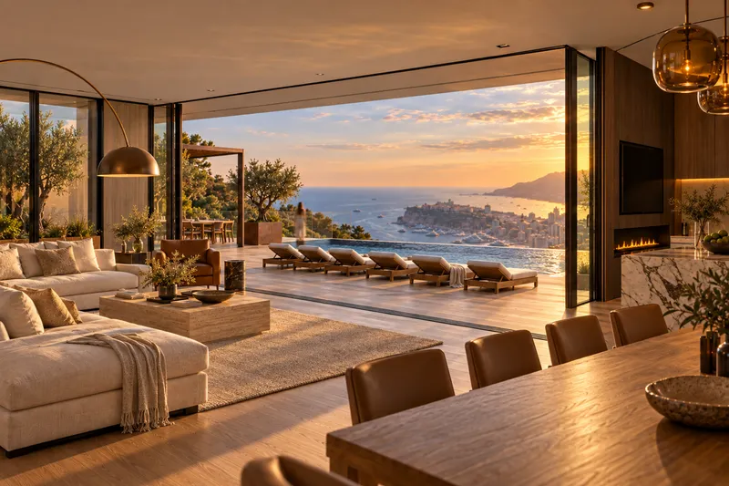 The villa's living room open onto the terrace and the sea